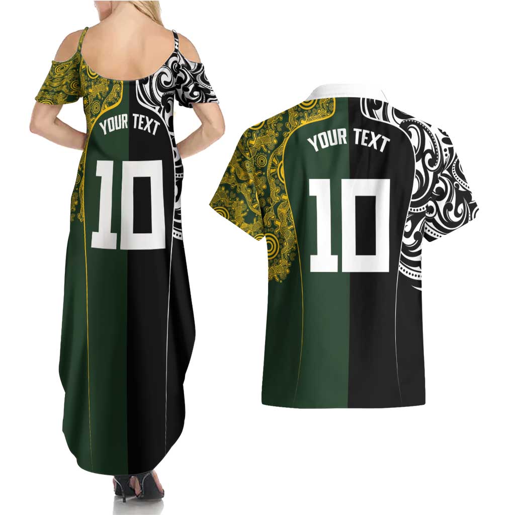 Aotearoa Australia Rugby Custom Couples Matching Summer Maxi Dress and Hawaiian Shirt Maori and Aboriginal Art Sporty Style - Polynesian Pride