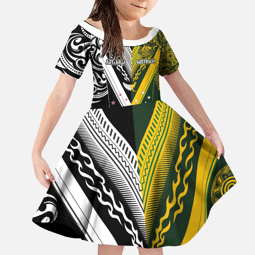 Aotearoa Australia Rugby Custom Family Matching Long Sleeve Bodycon Dress and Hawaiian Shirt Maori and Aboriginal Art Sporty Style LT03 Daughter's Dress Green - Polynesian Pride