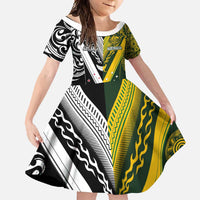 Aotearoa Australia Rugby Custom Family Matching Long Sleeve Bodycon Dress and Hawaiian Shirt Maori and Aboriginal Art Sporty Style LT03 Daughter's Dress Green - Polynesian Pride