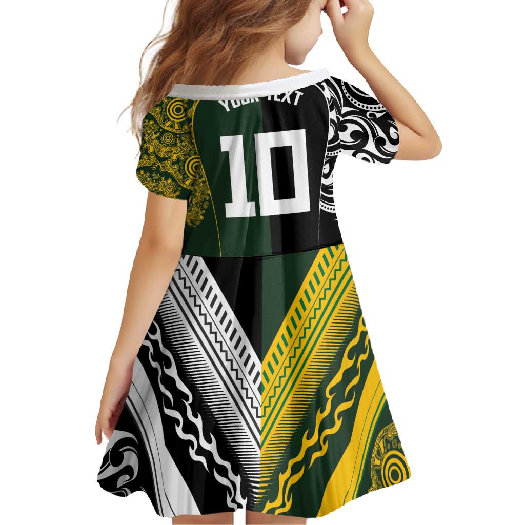 Aotearoa Australia Rugby Custom Family Matching Long Sleeve Bodycon Dress and Hawaiian Shirt Maori and Aboriginal Art Sporty Style LT03 - Polynesian Pride