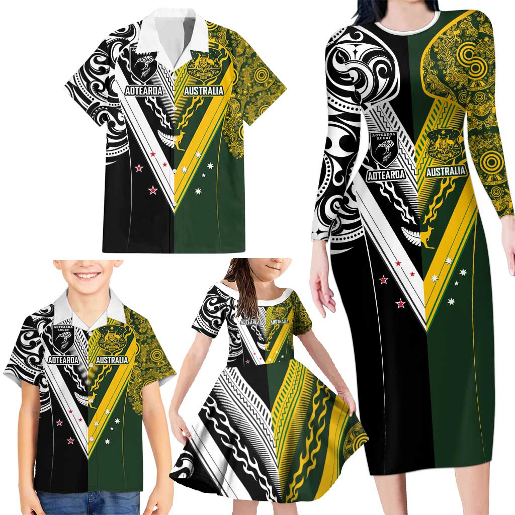 Aotearoa Australia Rugby Custom Family Matching Long Sleeve Bodycon Dress and Hawaiian Shirt Maori and Aboriginal Art Sporty Style LT03 - Polynesian Pride
