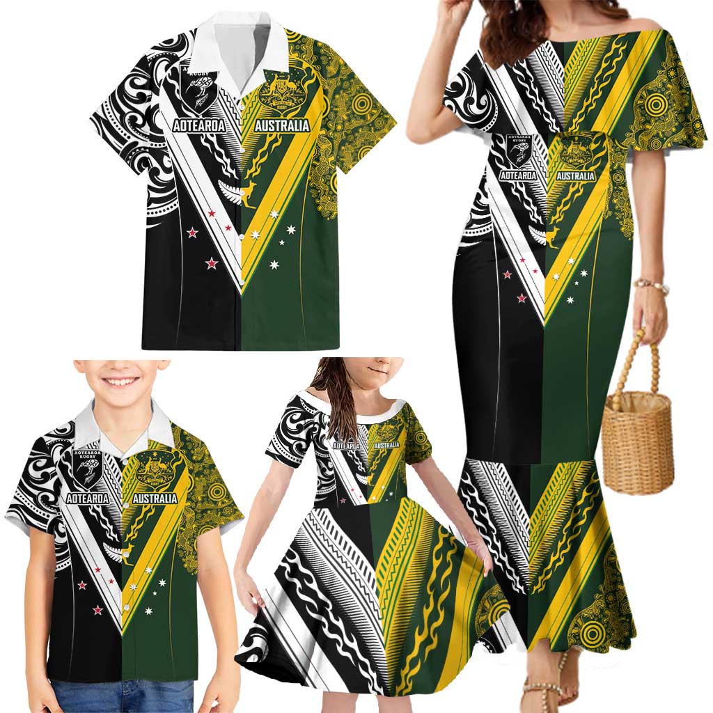 Aotearoa Australia Rugby Custom Family Matching Mermaid Dress and Hawaiian Shirt Maori and Aboriginal Art Sporty Style LT03 - Polynesian Pride