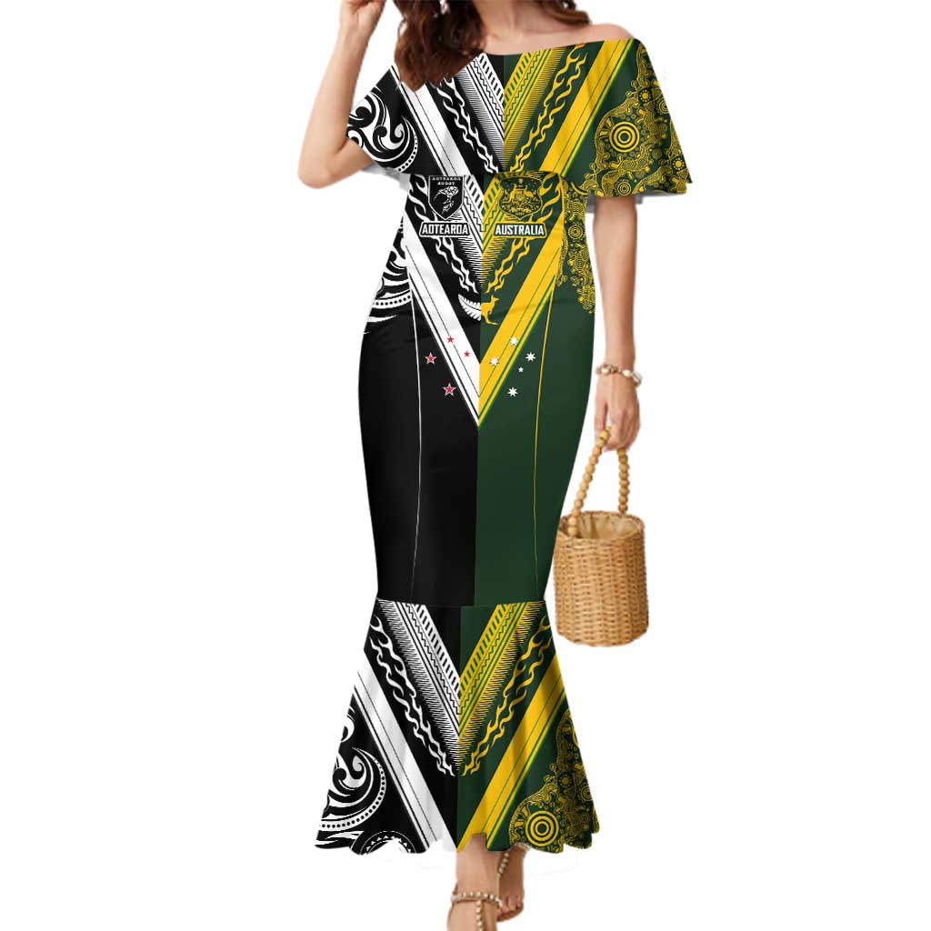 Aotearoa Australia Rugby Custom Family Matching Mermaid Dress and Hawaiian Shirt Maori and Aboriginal Art Sporty Style LT03 Mom's Dress Green - Polynesian Pride