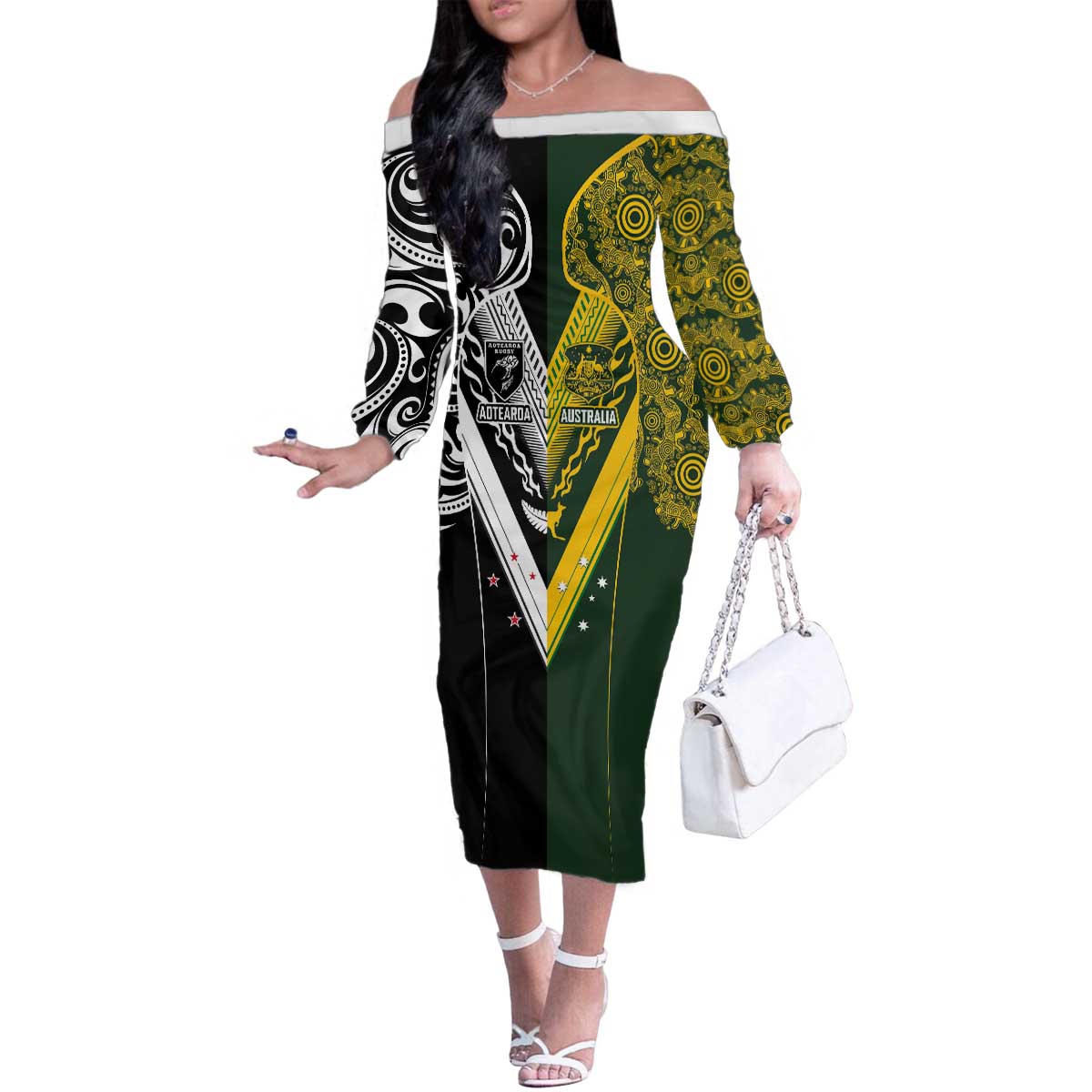 Aotearoa Australia Rugby Custom Family Matching Off The Shoulder Long Sleeve Dress and Hawaiian Shirt Maori and Aboriginal Art Sporty Style LT03 Mom's Dress Green - Polynesian Pride