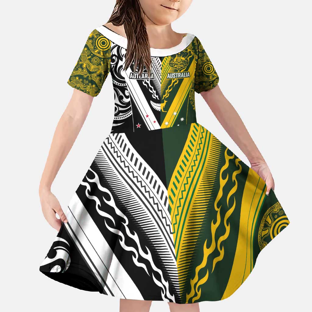 Aotearoa Australia Rugby Custom Family Matching Off Shoulder Maxi Dress and Hawaiian Shirt Maori and Aboriginal Art Sporty Style LT03 Daughter's Dress Green - Polynesian Pride