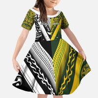 Aotearoa Australia Rugby Custom Family Matching Off Shoulder Maxi Dress and Hawaiian Shirt Maori and Aboriginal Art Sporty Style LT03 Daughter's Dress Green - Polynesian Pride