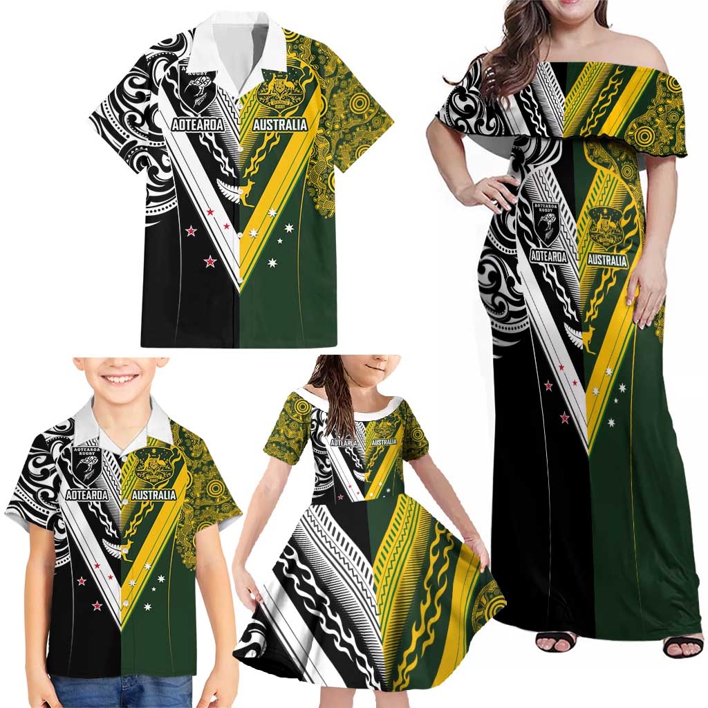 Aotearoa Australia Rugby Custom Family Matching Off Shoulder Maxi Dress and Hawaiian Shirt Maori and Aboriginal Art Sporty Style LT03 - Polynesian Pride