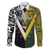 Aotearoa Australia Rugby Custom Family Matching Off Shoulder Maxi Dress and Hawaiian Shirt Maori and Aboriginal Art Sporty Style LT03 Dad's Shirt - Long Sleeve Green - Polynesian Pride