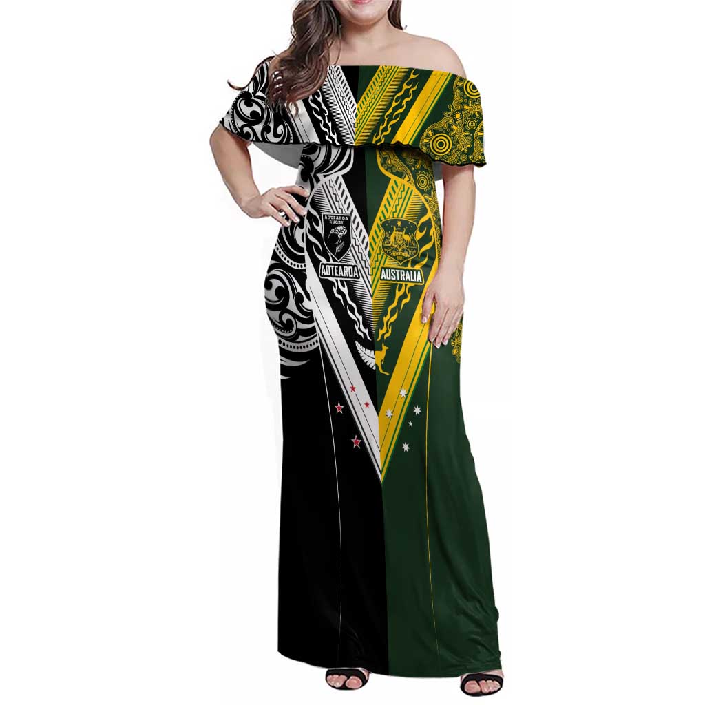 Aotearoa Australia Rugby Custom Family Matching Off Shoulder Maxi Dress and Hawaiian Shirt Maori and Aboriginal Art Sporty Style LT03 Mom's Dress Green - Polynesian Pride