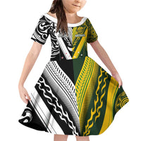 Aotearoa Australia Rugby Custom Family Matching Off Shoulder Short Dress and Hawaiian Shirt Maori and Aboriginal Art Sporty Style LT03 Daughter's Dress Green - Polynesian Pride