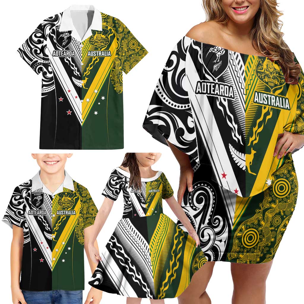 Aotearoa Australia Rugby Custom Family Matching Off Shoulder Short Dress and Hawaiian Shirt Maori and Aboriginal Art Sporty Style LT03 - Polynesian Pride