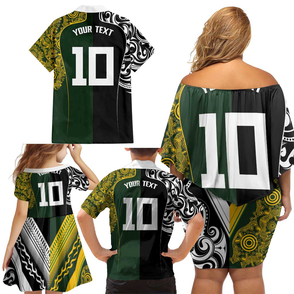 Aotearoa Australia Rugby Custom Family Matching Off Shoulder Short Dress and Hawaiian Shirt Maori and Aboriginal Art Sporty Style LT03 - Polynesian Pride