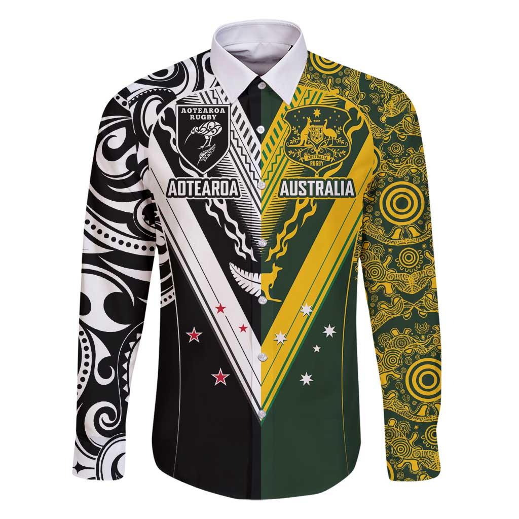 Aotearoa Australia Rugby Custom Family Matching Off Shoulder Short Dress and Hawaiian Shirt Maori and Aboriginal Art Sporty Style LT03 Dad's Shirt - Long Sleeve Green - Polynesian Pride