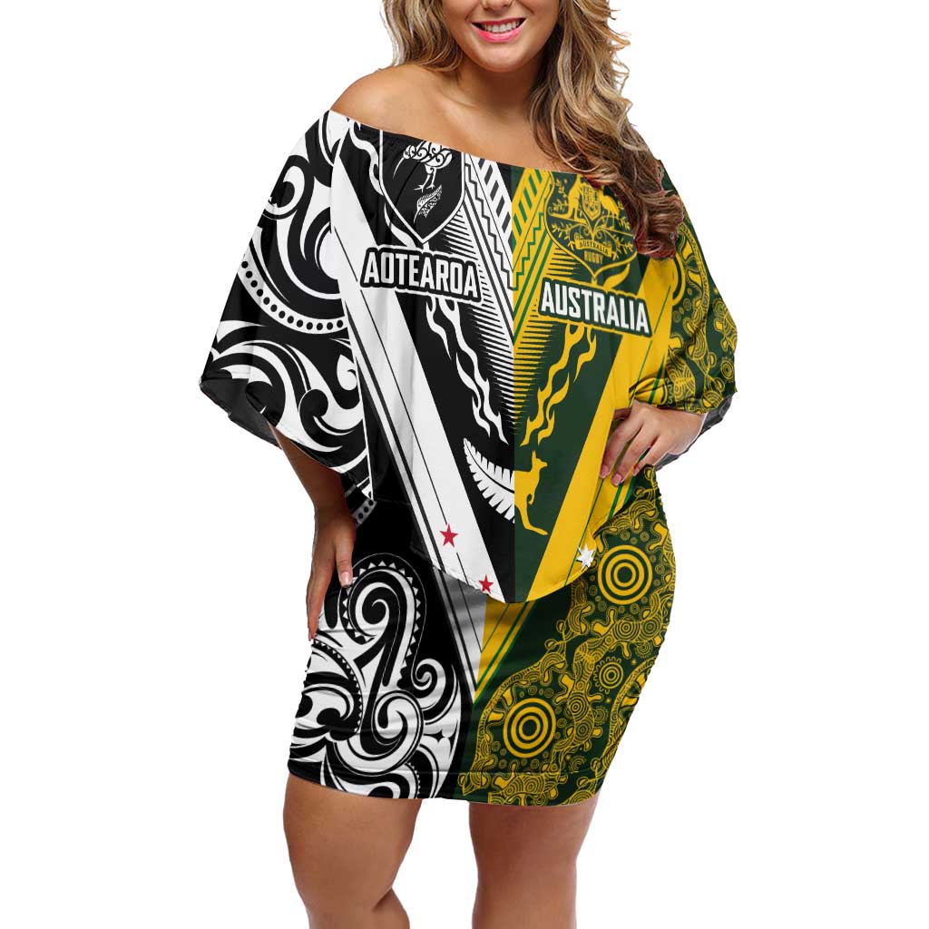 Aotearoa Australia Rugby Custom Family Matching Off Shoulder Short Dress and Hawaiian Shirt Maori and Aboriginal Art Sporty Style LT03 Mom's Dress Green - Polynesian Pride