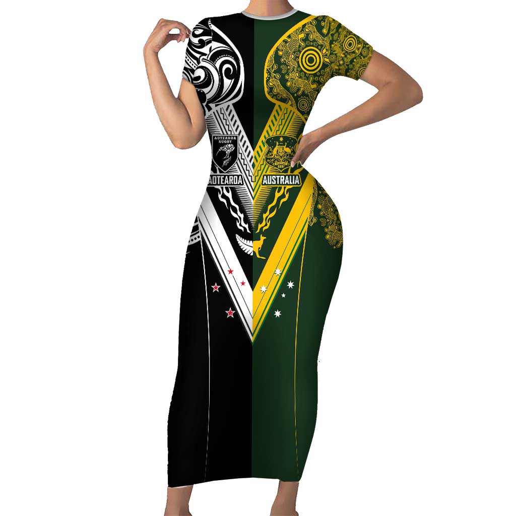 Aotearoa Australia Rugby Custom Family Matching Short Sleeve Bodycon Dress and Hawaiian Shirt Maori and Aboriginal Art Sporty Style LT03 Mom's Dress Green - Polynesian Pride