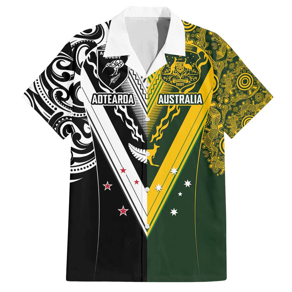 Aotearoa Australia Rugby Custom Family Matching Summer Maxi Dress and Hawaiian Shirt Maori and Aboriginal Art Sporty Style LT03 Dad's Shirt - Short Sleeve Green - Polynesian Pride
