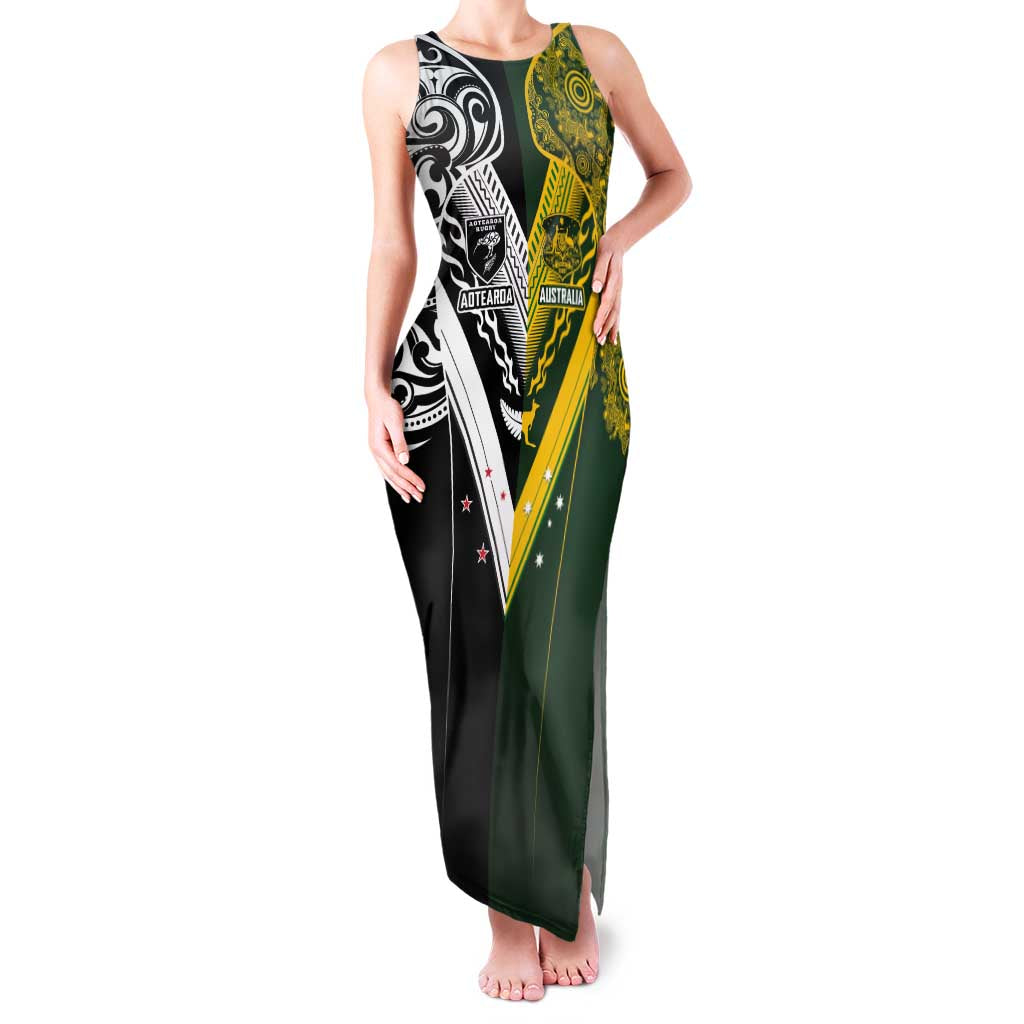 Aotearoa Australia Rugby Custom Family Matching Tank Maxi Dress and Hawaiian Shirt Maori and Aboriginal Art Sporty Style LT03 Mom's Dress Green - Polynesian Pride