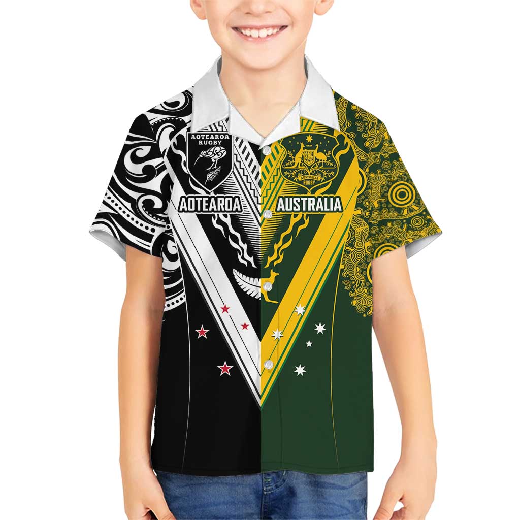 Aotearoa Australia Rugby Custom Family Matching Tank Maxi Dress and Hawaiian Shirt Maori and Aboriginal Art Sporty Style LT03 Son's Shirt Green - Polynesian Pride
