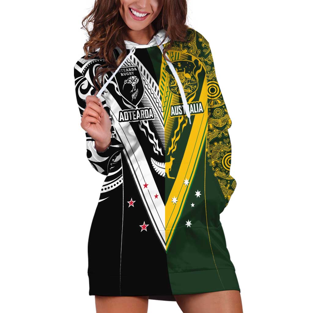 Aotearoa Australia Rugby Custom Hoodie Dress Maori and Aboriginal Art Sporty Style LT03 Green - Polynesian Pride