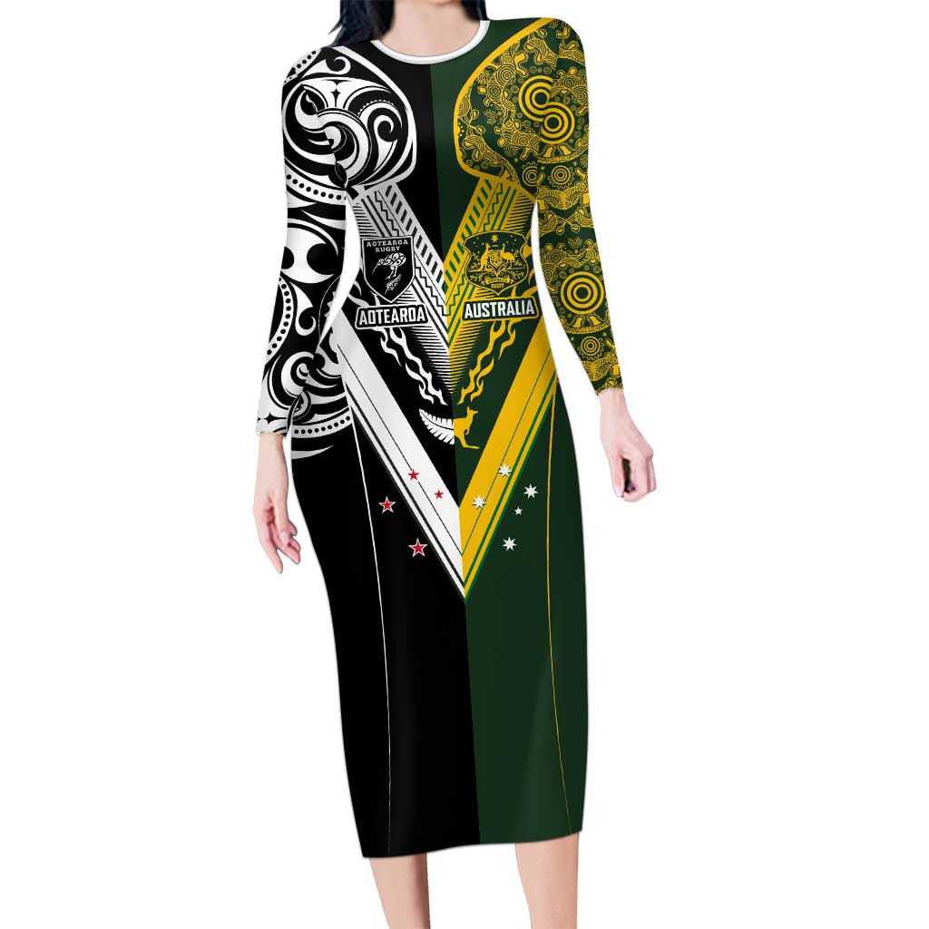 Aotearoa Australia Rugby Custom Long Sleeve Bodycon Dress Maori and Aboriginal Art Sporty Style LT03 Long Dress Green - Polynesian Pride