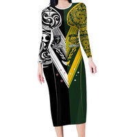 Aotearoa Australia Rugby Custom Long Sleeve Bodycon Dress Maori and Aboriginal Art Sporty Style LT03 Long Dress Green - Polynesian Pride