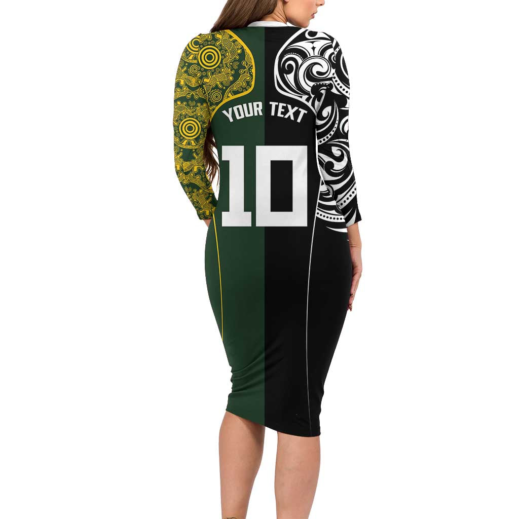 Aotearoa Australia Rugby Custom Long Sleeve Bodycon Dress Maori and Aboriginal Art Sporty Style LT03 - Polynesian Pride