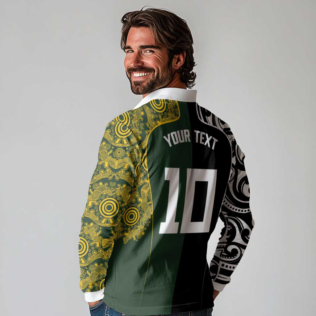 Aotearoa Australia Rugby Custom Long Sleeve Polo Shirt Maori and Aboriginal Art Sporty Style LT03 - Polynesian Pride