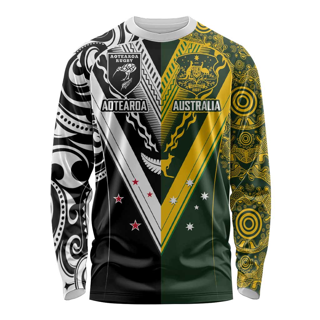 Aotearoa Australia Rugby Custom Long Sleeve Shirt Maori and Aboriginal Art Sporty Style - Polynesian Pride
