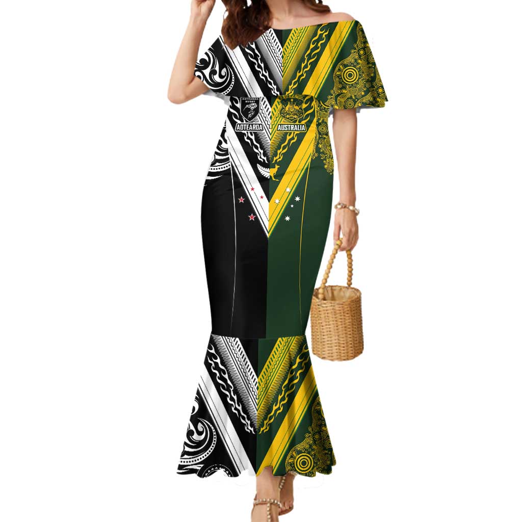 Aotearoa Australia Rugby Custom Mermaid Dress Maori and Aboriginal Art Sporty Style LT03 Women Green - Polynesian Pride