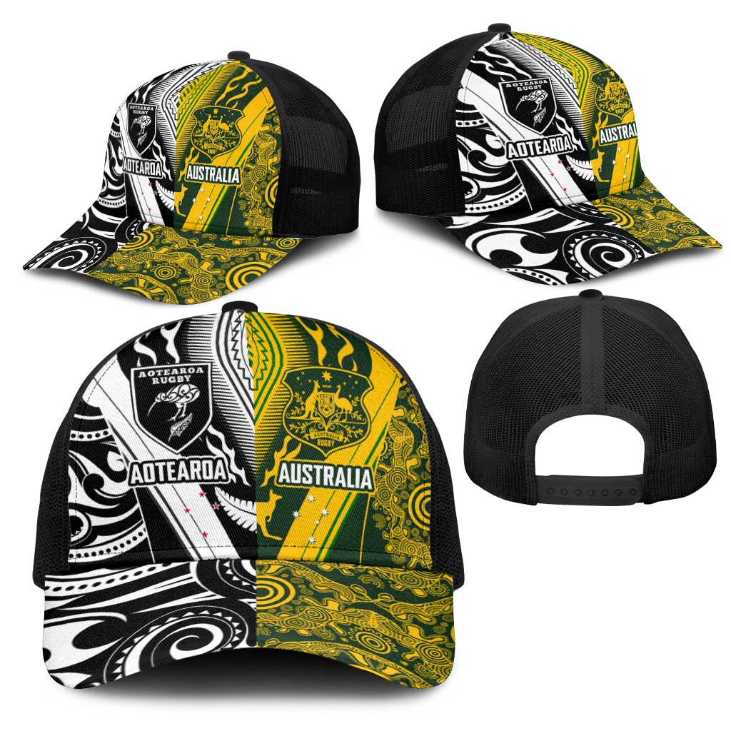 Aotearoa Australia Rugby Mesh Trucker Cap Maori and Aboriginal Art Sporty Style - Polynesian Pride