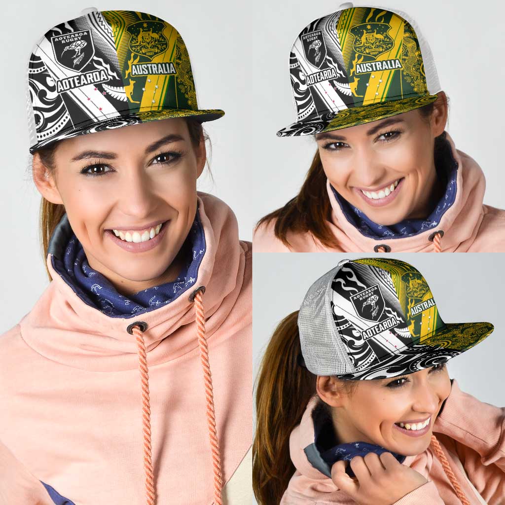 Aotearoa Australia Rugby Mesh Trucker Cap Maori and Aboriginal Art Sporty Style - Polynesian Pride