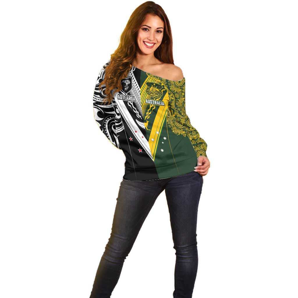 Aotearoa Australia Rugby Custom Off Shoulder Sweater Maori and Aboriginal Art Sporty Style - Polynesian Pride