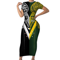 Aotearoa Australia Rugby Custom Short Sleeve Bodycon Dress Maori and Aboriginal Art Sporty Style LT03 Long Dress Green - Polynesian Pride