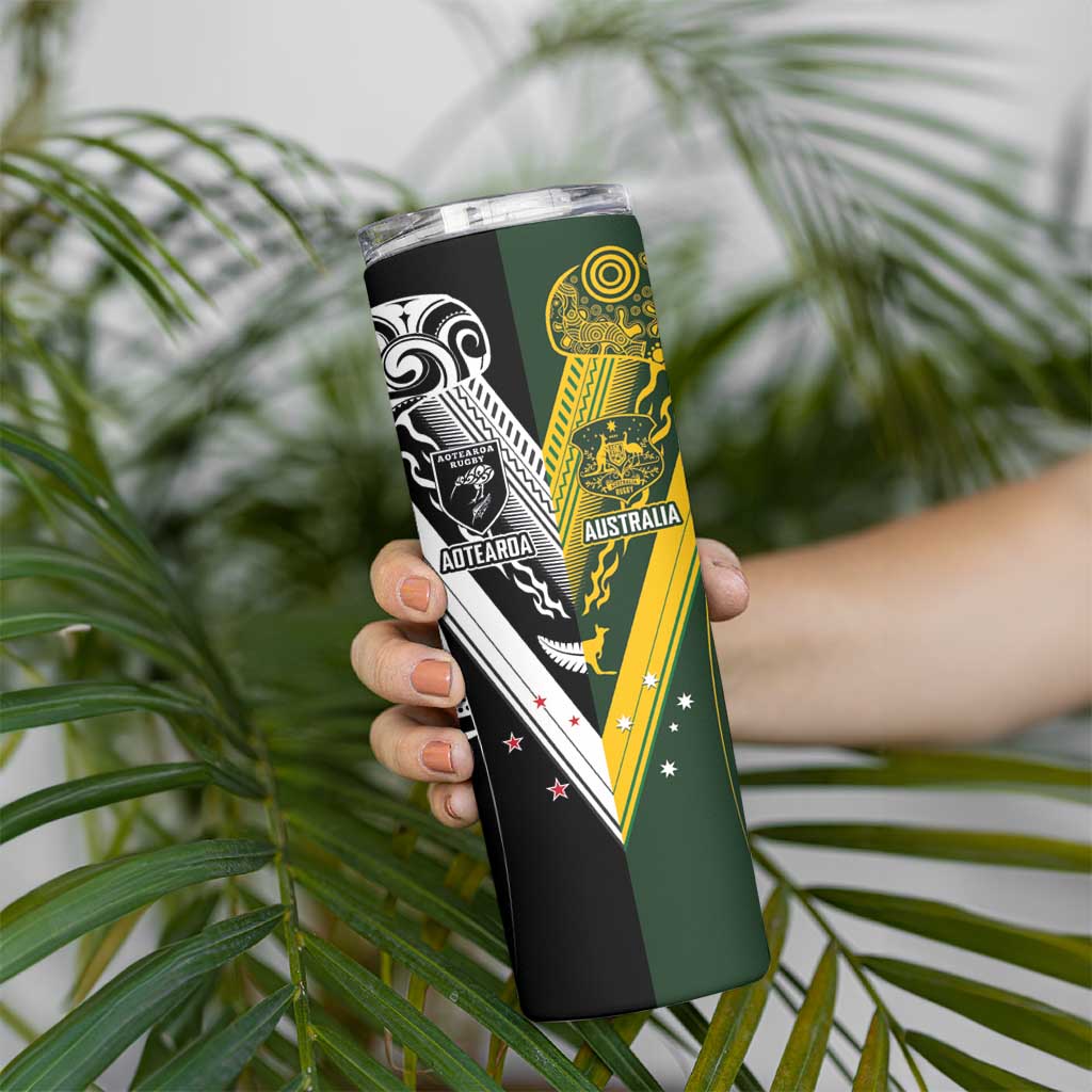 Aotearoa Australia Rugby Custom Skinny Tumbler Maori and Aboriginal Art Sporty Style LT03 - Polynesian Pride