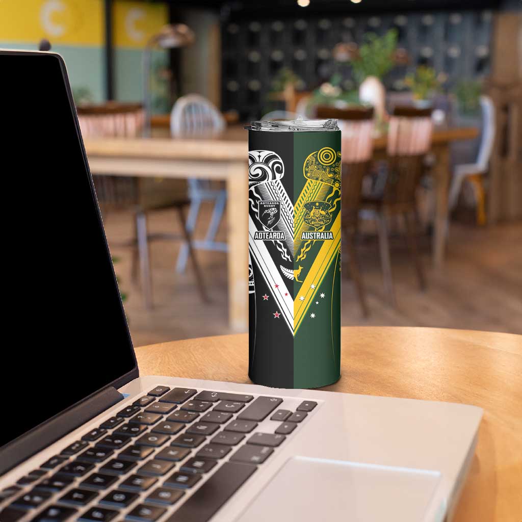 Aotearoa Australia Rugby Custom Skinny Tumbler Maori and Aboriginal Art Sporty Style LT03 - Polynesian Pride
