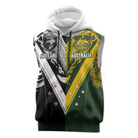 Aotearoa Australia Rugby Custom Sleeveless Hoodie Maori and Aboriginal Art Sporty Style LT03 Green - Polynesian Pride