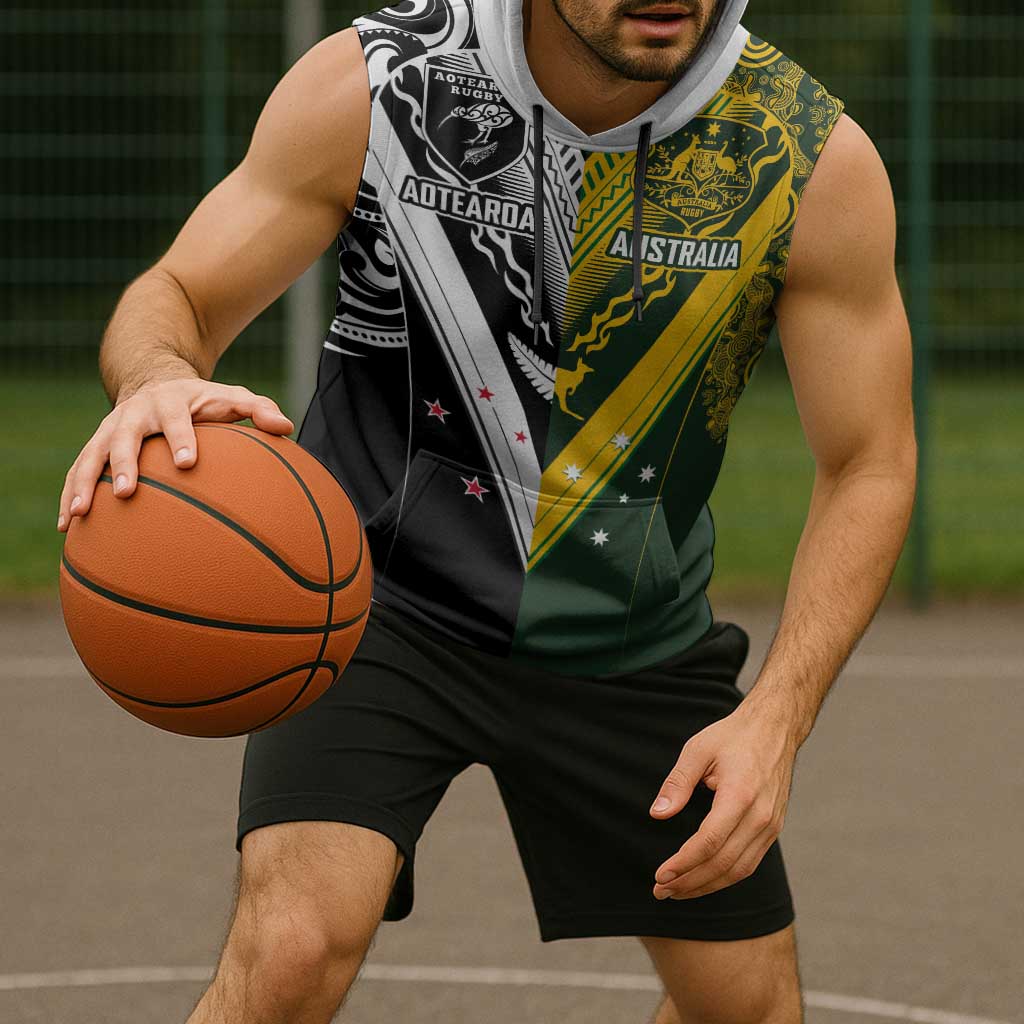 Aotearoa Australia Rugby Custom Sleeveless Hoodie Maori and Aboriginal Art Sporty Style LT03 - Polynesian Pride