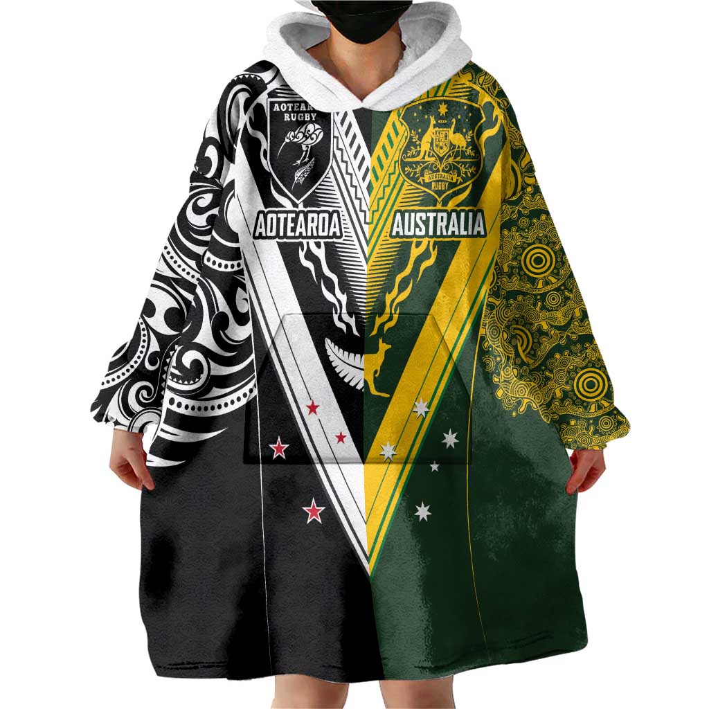 Aotearoa Australia Rugby Custom Wearable Blanket Hoodie Maori and Aboriginal Art Sporty Style LT03 - Polynesian Pride