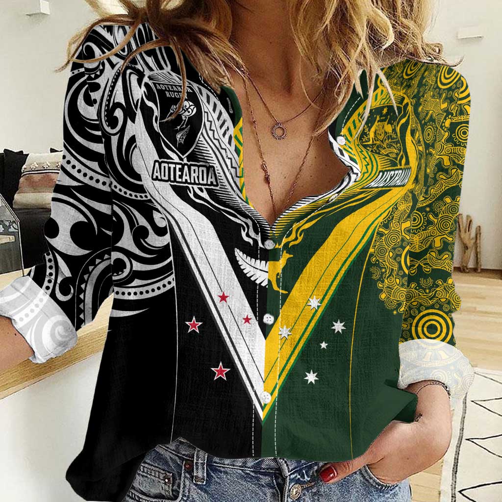 Aotearoa Australia Rugby Custom Women Casual Shirt Maori and Aboriginal Art Sporty Style LT03 Female Green - Polynesian Pride