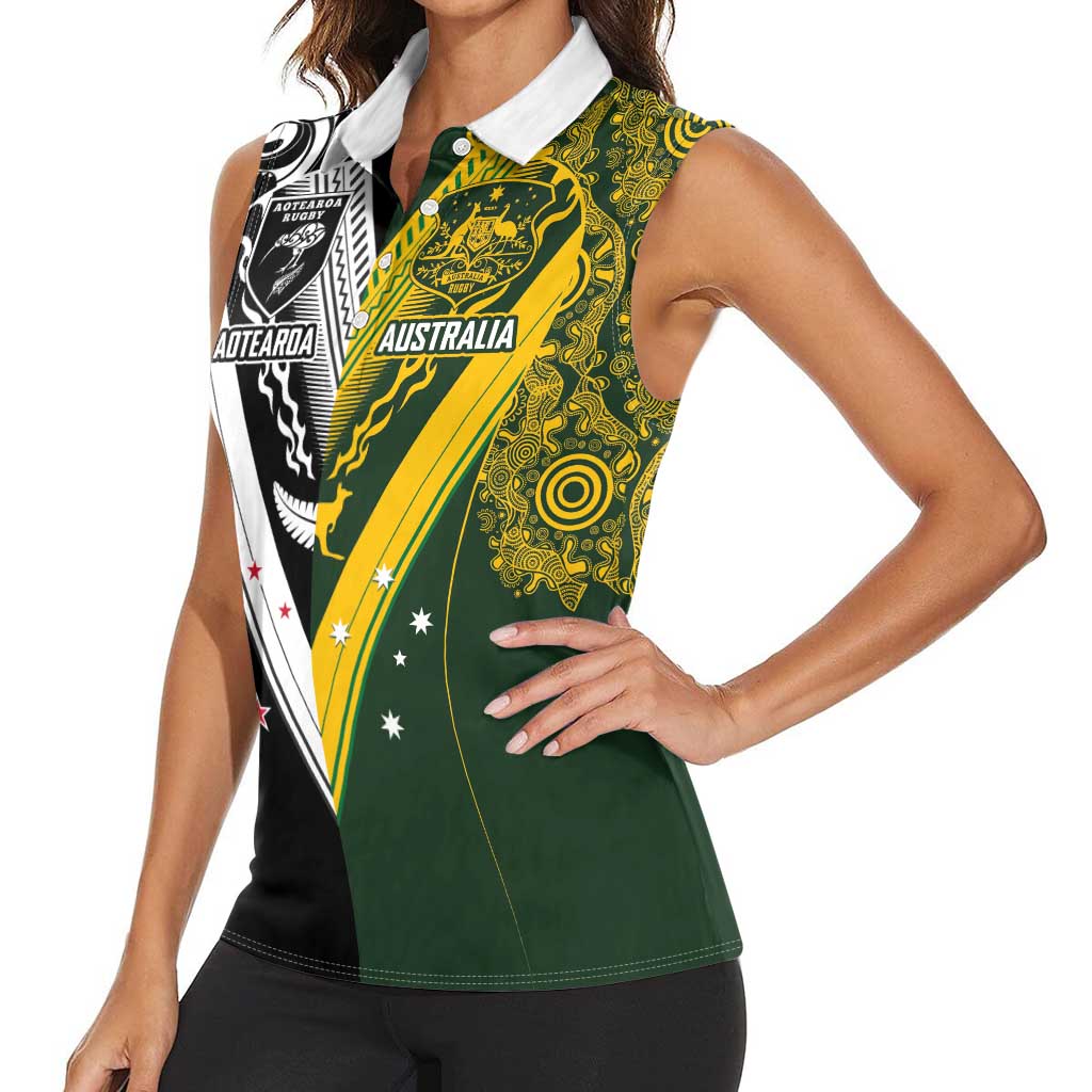 Aotearoa Australia Rugby Custom Women Sleeveless Polo Shirt Maori and Aboriginal Art Sporty Style LT03 - Polynesian Pride