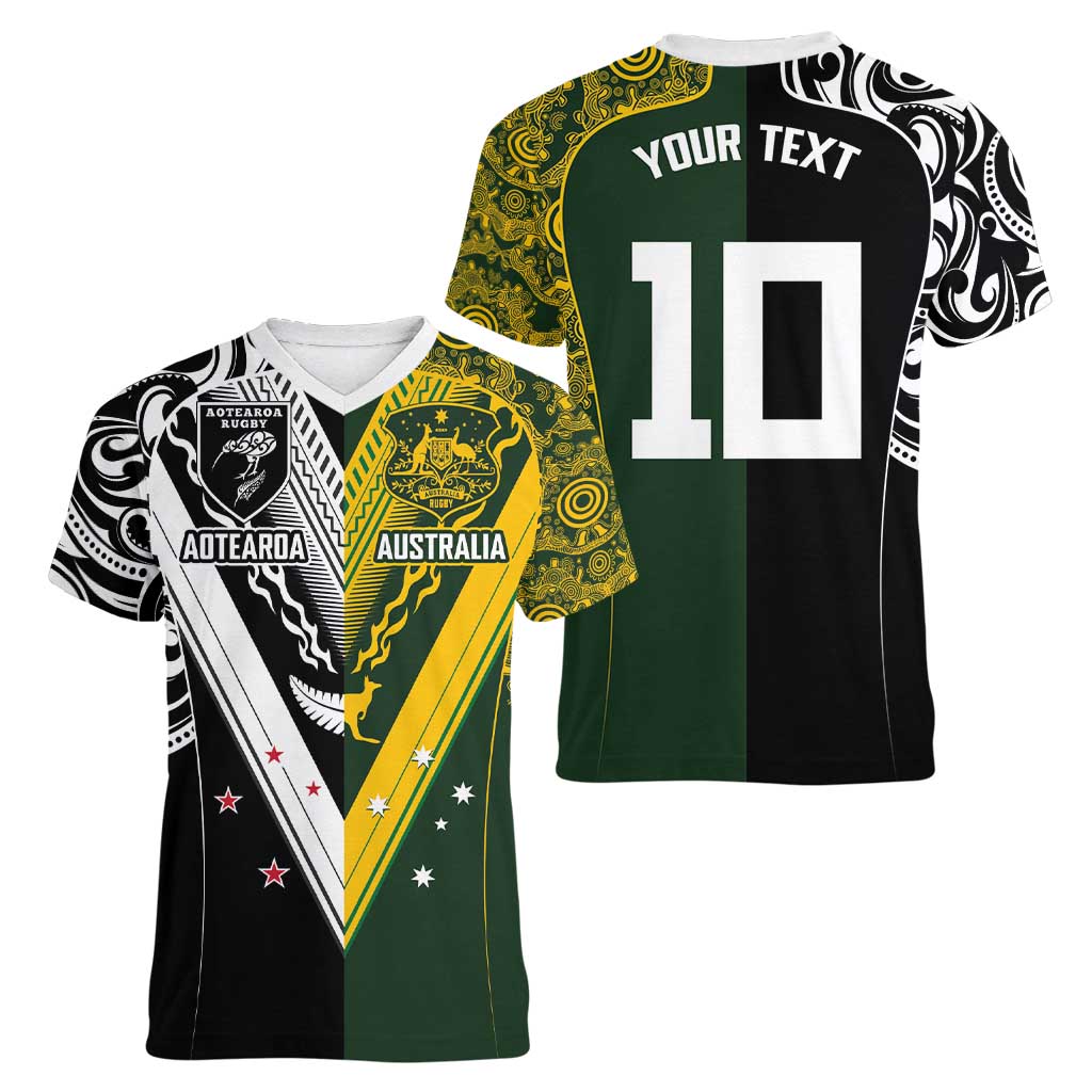 Aotearoa Australia Rugby Custom Women V-Neck T-Shirt Maori and Aboriginal Art Sporty Style LT03 - Polynesian Pride