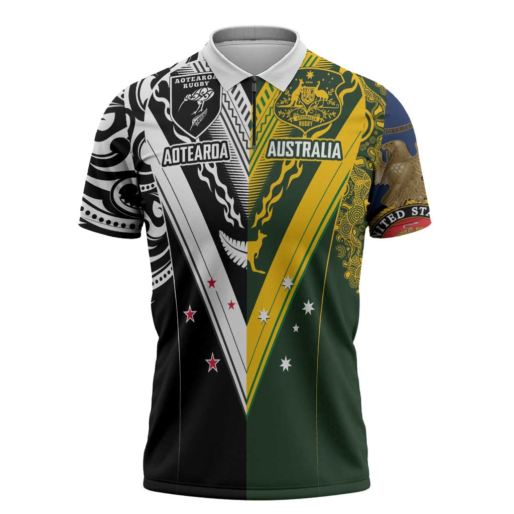 Aotearoa Australia Rugby Custom Zipper Polo Shirt Maori and Aboriginal Art Sporty Style LT03 Green - Polynesian Pride