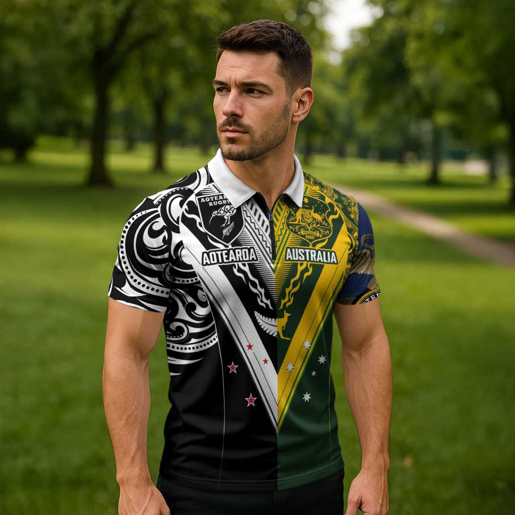 Aotearoa Australia Rugby Custom Zipper Polo Shirt Maori and Aboriginal Art Sporty Style LT03 - Polynesian Pride