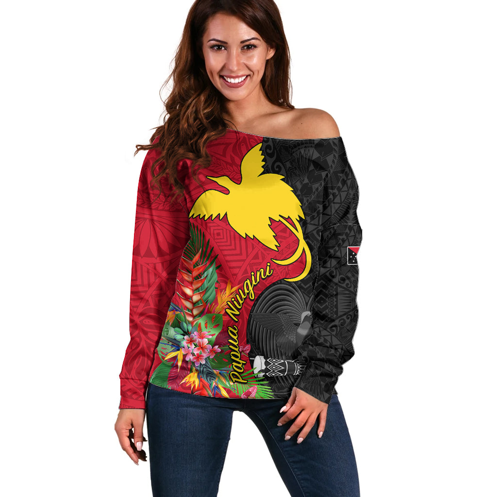 Papua New Guinea Off Shoulder Sweater Birds Of Paradise Mix Tropical Flower Polynesian Pattern LT03 Women Red - Polynesian Pride
