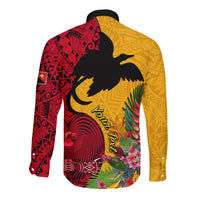 Custom Papua New Guinea Long Sleeve Button Shirt Birds Of Paradise Mix Tropical Flower Polynesian Pattern LT03 - Polynesian Pride