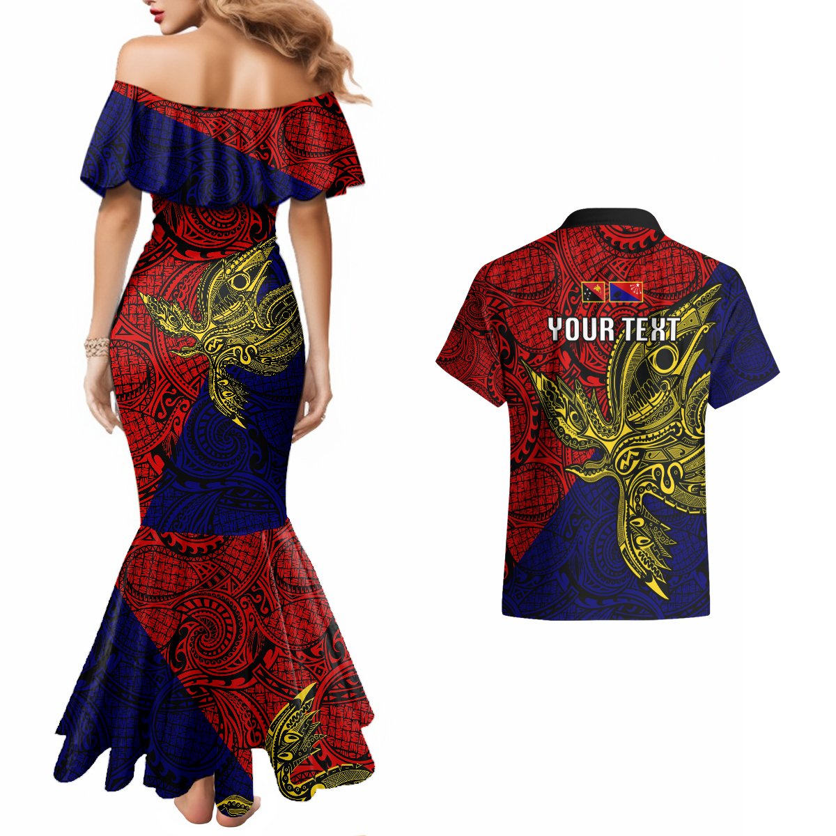 Custom Papua New Guinea Central Province Couples Matching Mermaid Dress and Hawaiian Shirt PNG Birds Of Paradise Polynesian Arty Style LT03 - Polynesian Pride