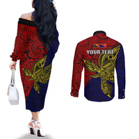 Custom Papua New Guinea Central Province Couples Matching Off The Shoulder Long Sleeve Dress and Long Sleeve Button Shirts PNG Birds Of Paradise Polynesian Arty Style LT03 - Polynesian Pride