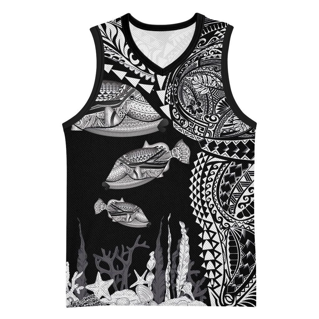 Hawaiian Reef Triggerfish Basketball Jersey Polynesian Art with Tribal Humuhumunukunukuapua'a LT03 Unisex Black - Polynesian Pride