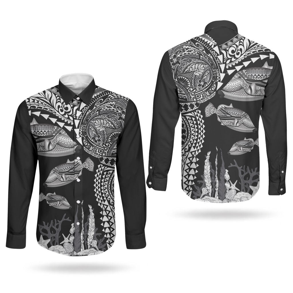 Hawaiian Reef Triggerfish Couples Matching Off Shoulder Maxi Dress and Long Sleeve Button Shirt Polynesian Art with Tribal Humuhumunukunukuapua'a LT03 - Polynesian Pride