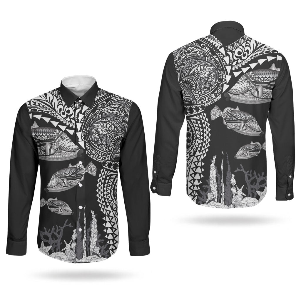 Hawaiian Reef Triggerfish Couples Matching Puletasi and Long Sleeve Button Shirt Polynesian Art with Tribal Humuhumunukunukuapua'a LT03 - Polynesian Pride